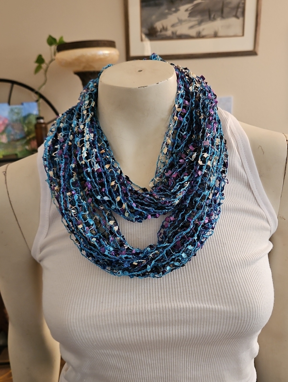 Blue Multicolor Crochet Infinity Scarf